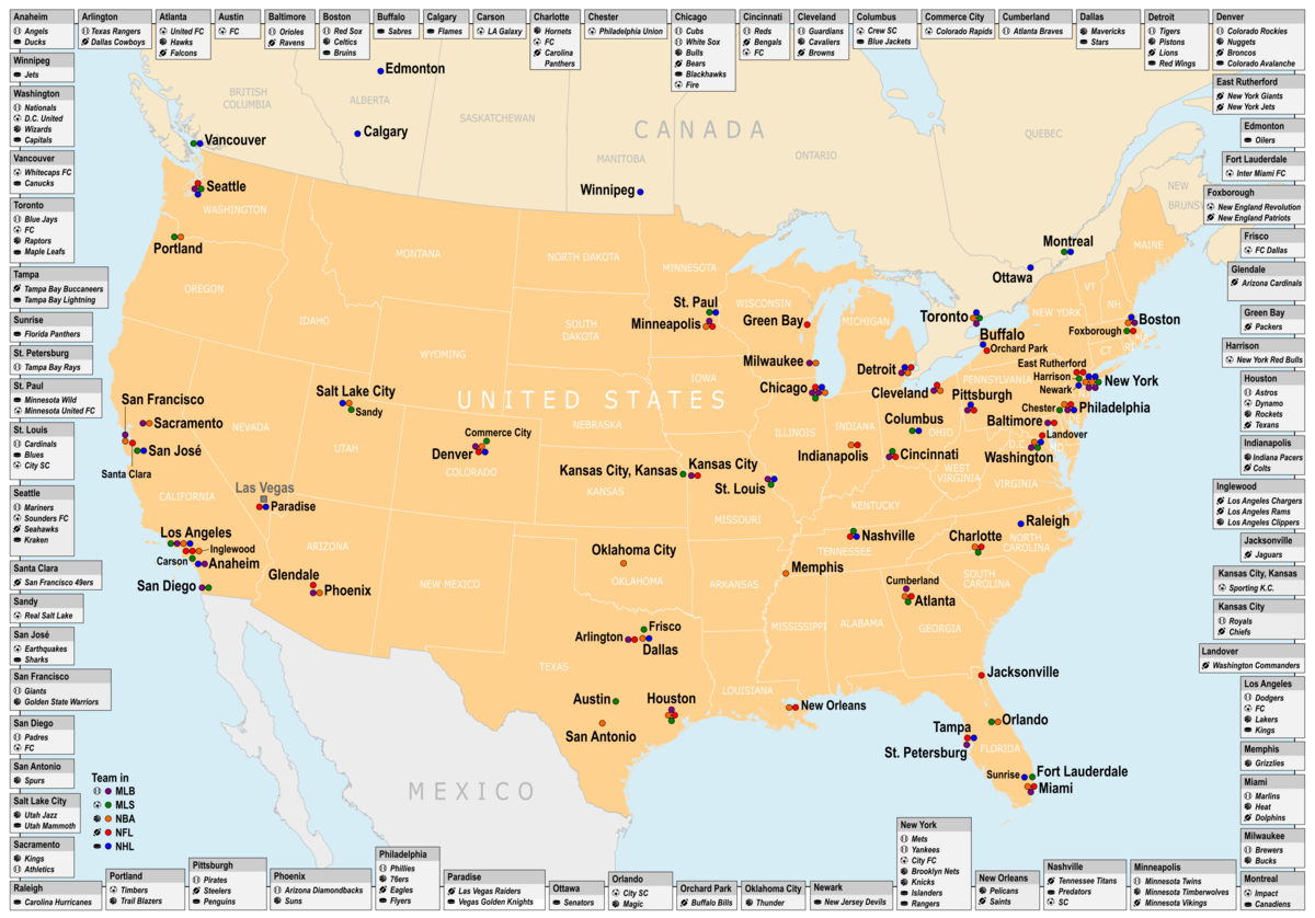Map of Cities in the USA and Canada with MLB, MLS, NBA, NFL or NHL Teams” by DxR, via Wikimedia Commons, Public Domain